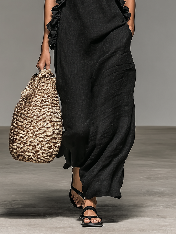 Women's Linen Ruffle Halter Maxi Dress