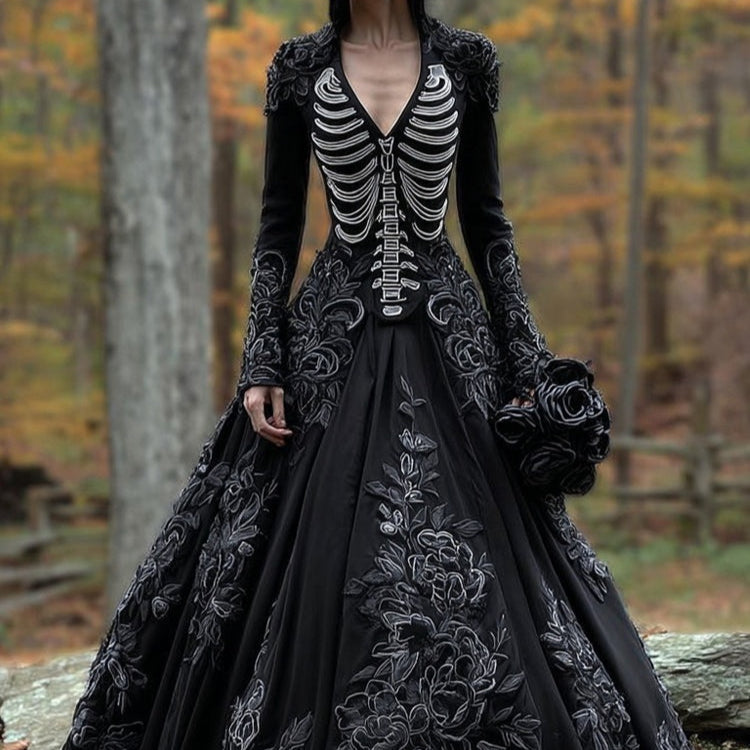 Women's Skeleton Embroidered Gothic Halloween Maxi Dress