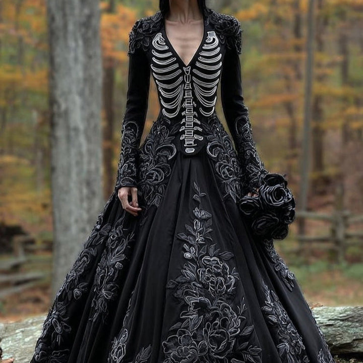 Women's Skeleton Embroidered Gothic Halloween Maxi Dress