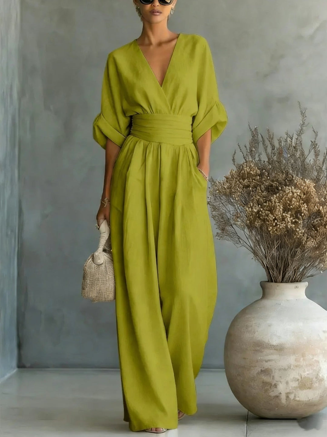 Women's Linen Wrap V-Neck Wide-Leg Jumpsuit