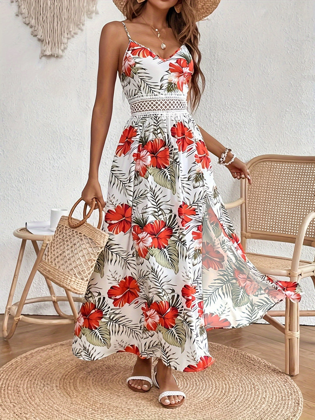 Women's Floral Maxi Dress with Crochet Waist Detail