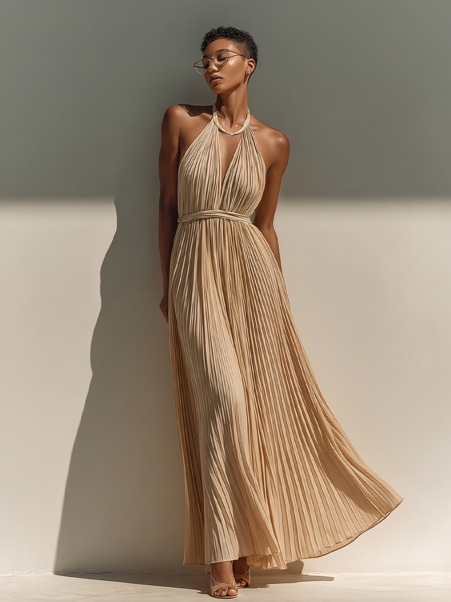 Women's Pleated Halter Maxi Dress with Belted Waist