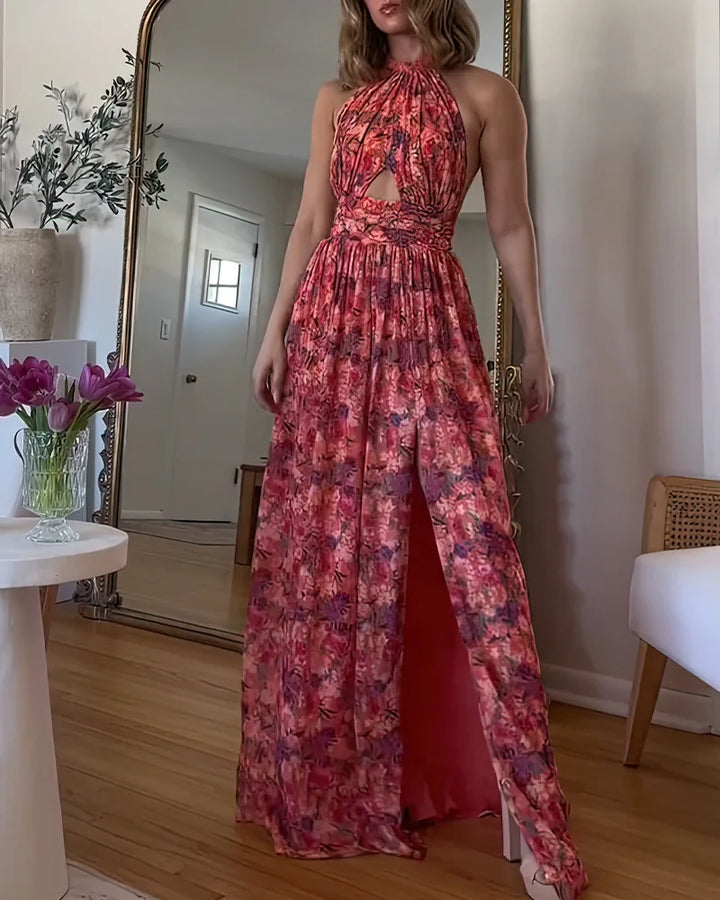Rosalie | Floral Halter Neck Pleated Maxi Dress