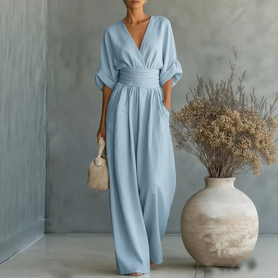 Women's Linen Wrap V-Neck Wide-Leg Jumpsuit