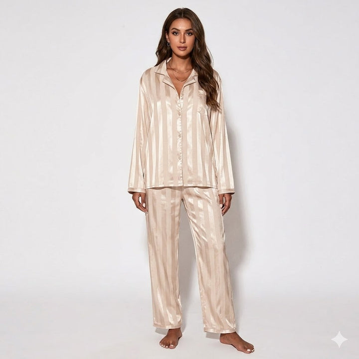 Women's Satin Striped Pyjama Set with Button Top