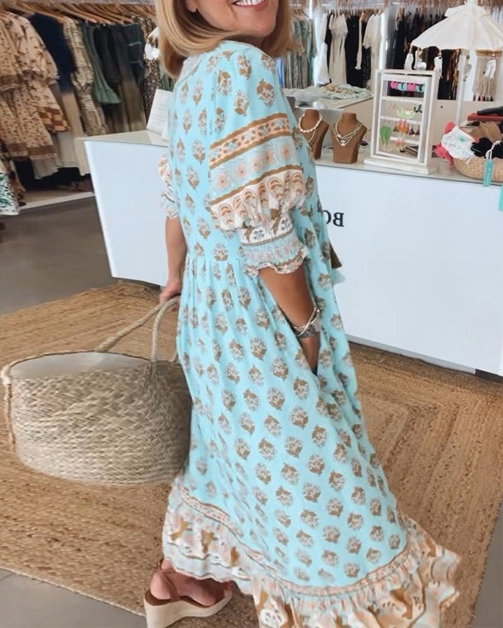 Boho Print V-Neck Midi Dress