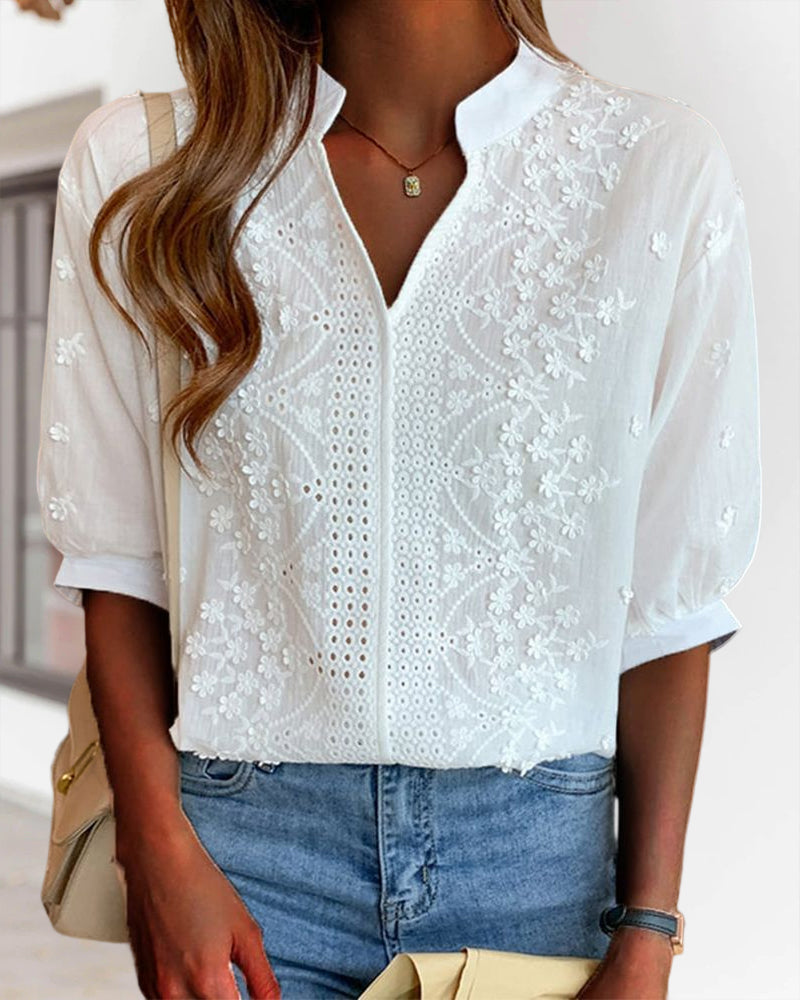 Women's Floral Embroidered Puff Sleeve Blouse