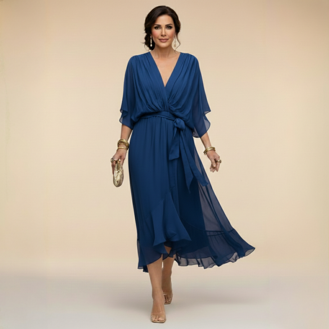 Women's Wrap Midi Dress with Kimono Sleeves