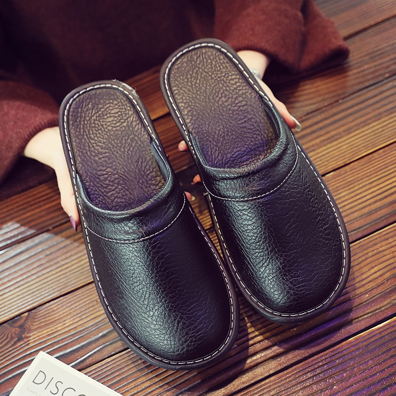 Men's Leather Slippers with Stitched Trim