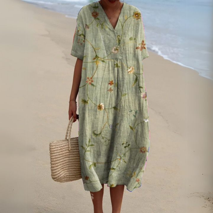 Women's Floral V-Neck Short Sleeve Maxi Dress