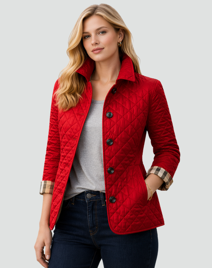 Women's Quilted Button Front Jacket with Structured Collar
