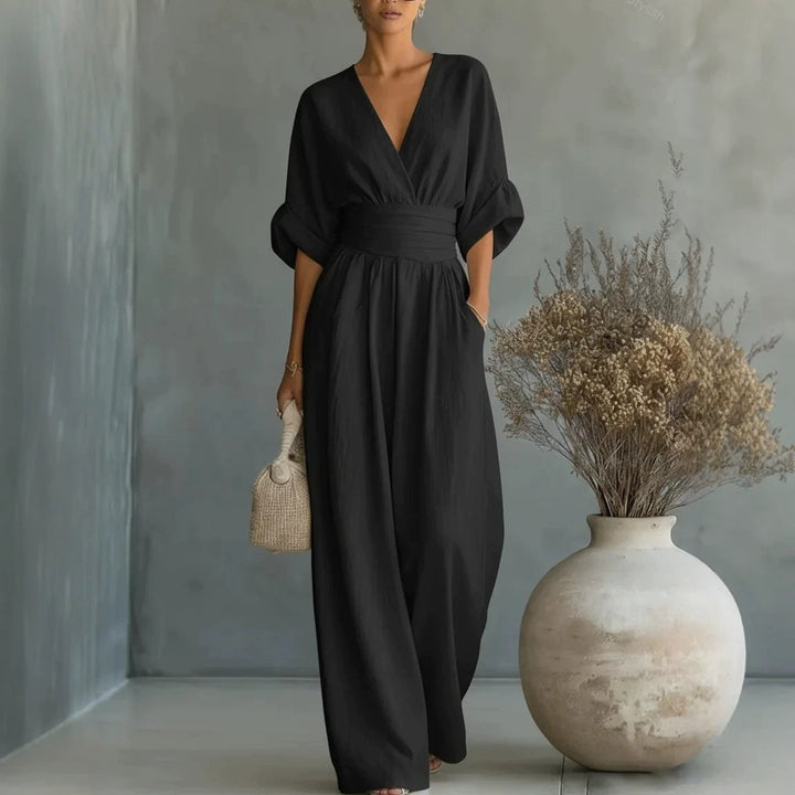 Women's Linen Wrap V-Neck Wide-Leg Jumpsuit