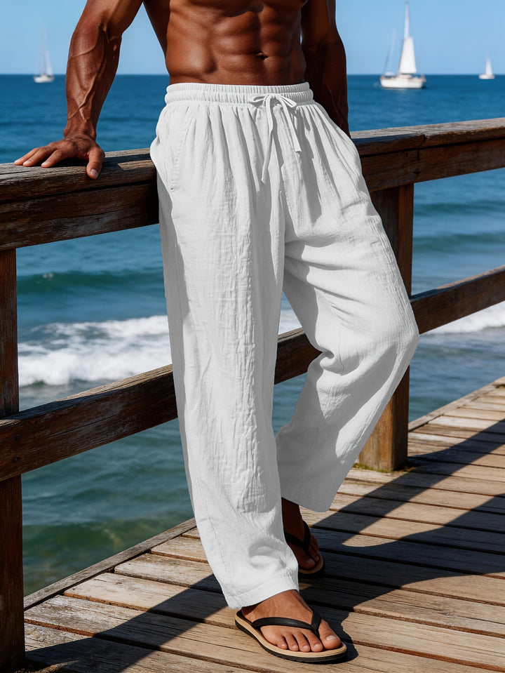 Men's Crinkled Linen Wide-Leg Drawstring Pants