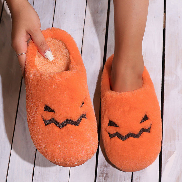 Women's Plush Pumpkin Halloween Slippers with Face Cutout