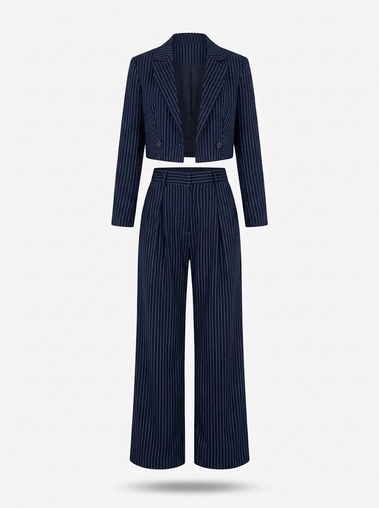 Women's Pinstripe Cropped Blazer Wide-Leg Trouser Co-Ord Set