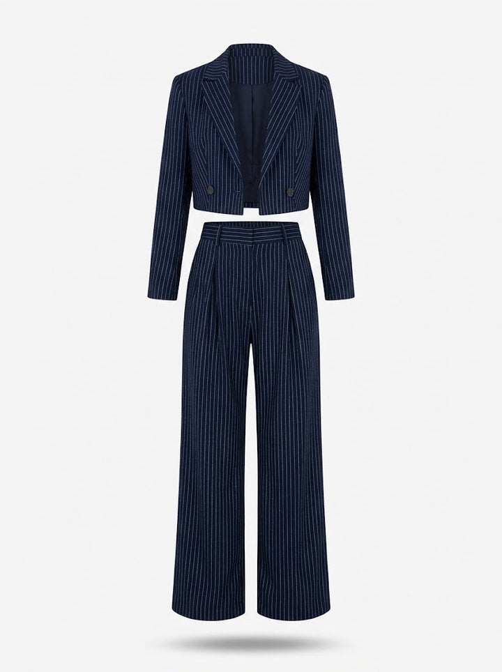 Women's Pinstripe Cropped Blazer Wide-Leg Trouser Co-Ord Set