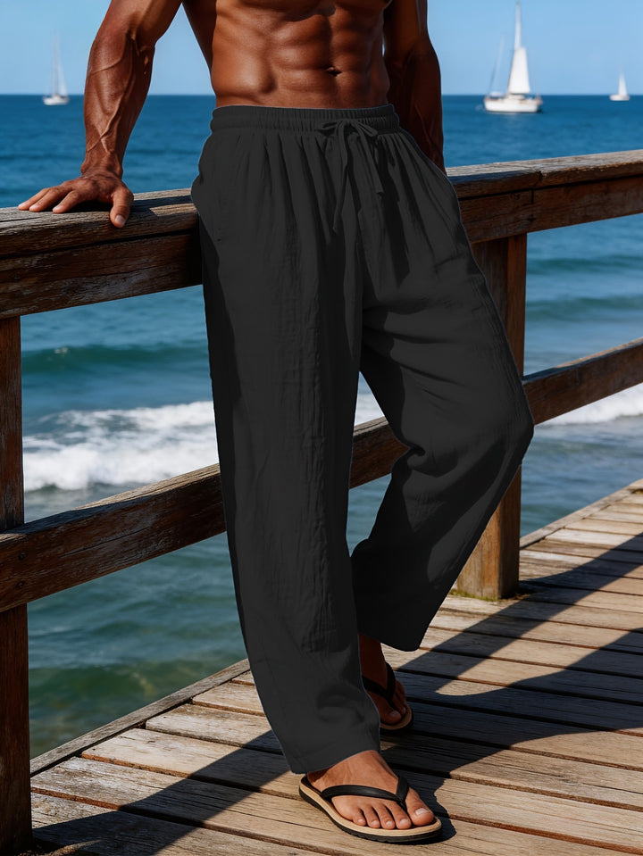 Men's Crinkled Linen Wide-Leg Drawstring Pants
