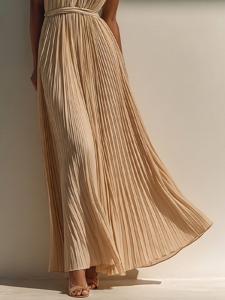 Women's Pleated Halter Maxi Dress with Belted Waist