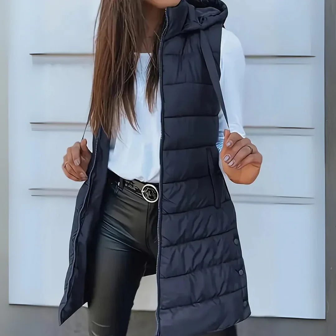 Women's Longline Hooded Puffer Gilet with Zip