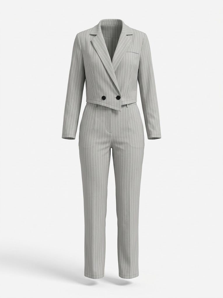 Women's Pinstripe Cropped Blazer Wide-Leg Trouser Co-Ord Set