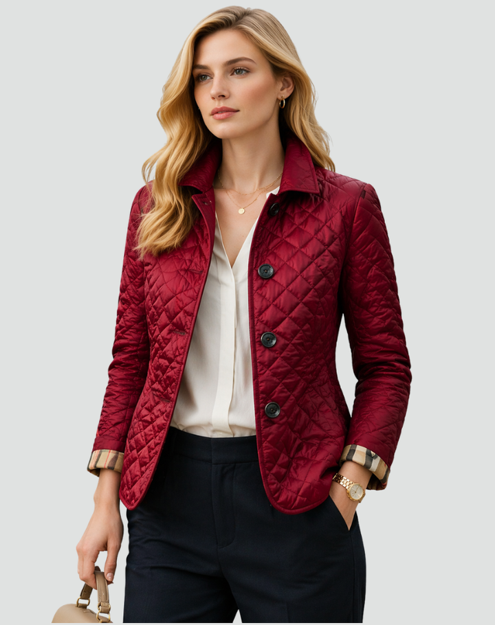 Women's Quilted Button Front Jacket with Structured Collar