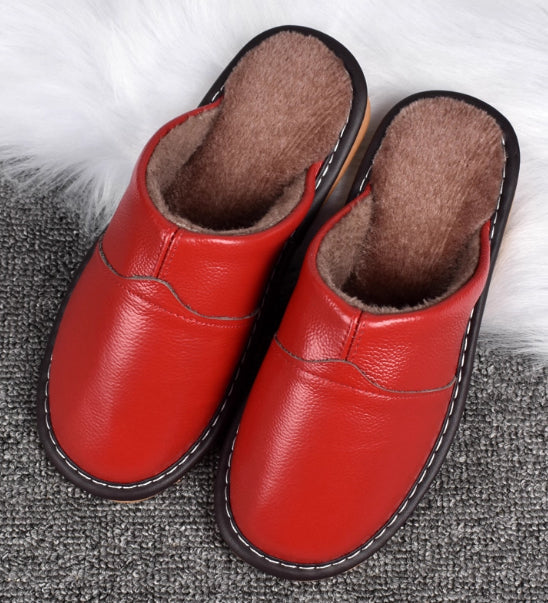 Women's Leather Fur-Lined Slippers with Waterproof Sole