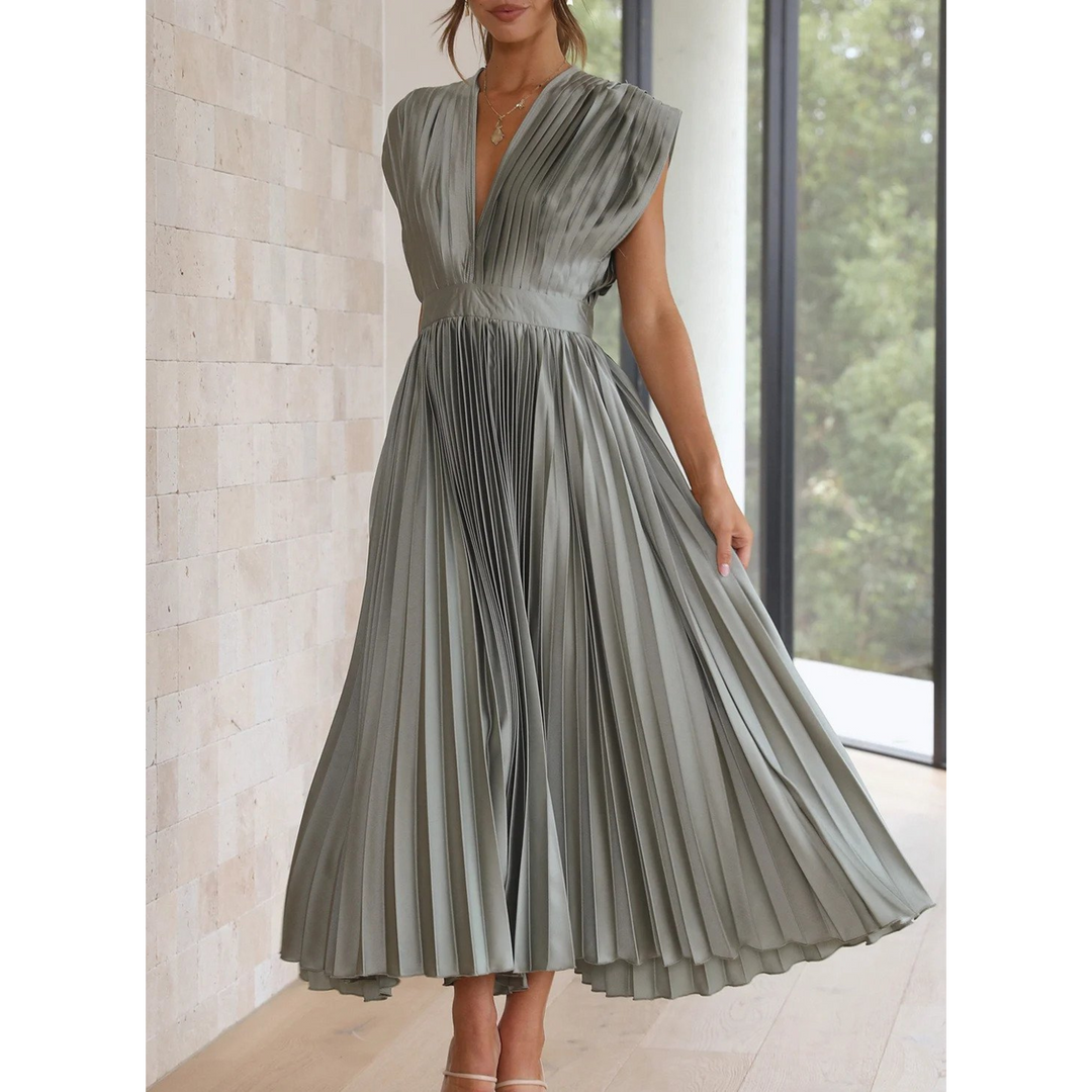 Sophia | Flowing V Neck Pleated Midi Dress