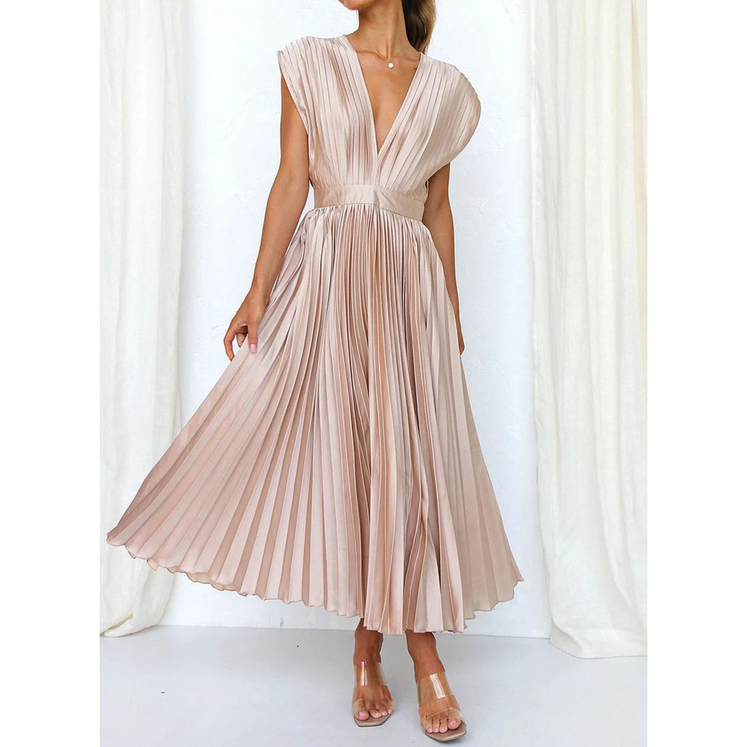 Sophia | Flowing V Neck Pleated Midi Dress