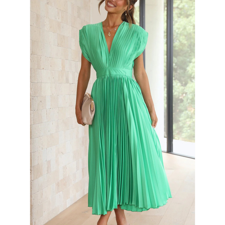 Sophia | Flowing V Neck Pleated Midi Dress