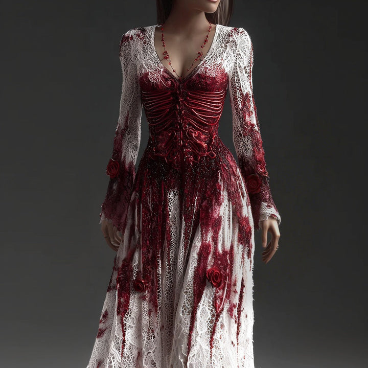 Women's Skeleton Print Halloween Dress with Plunge Neck