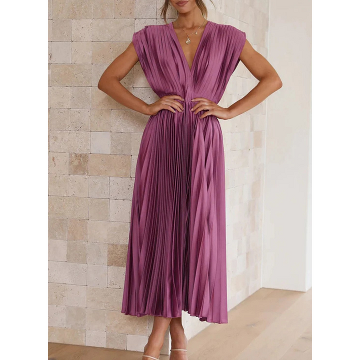 Sophia | Flowing V Neck Pleated Midi Dress