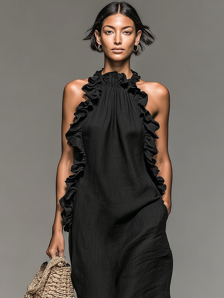 Women's Linen Ruffle Halter Maxi Dress