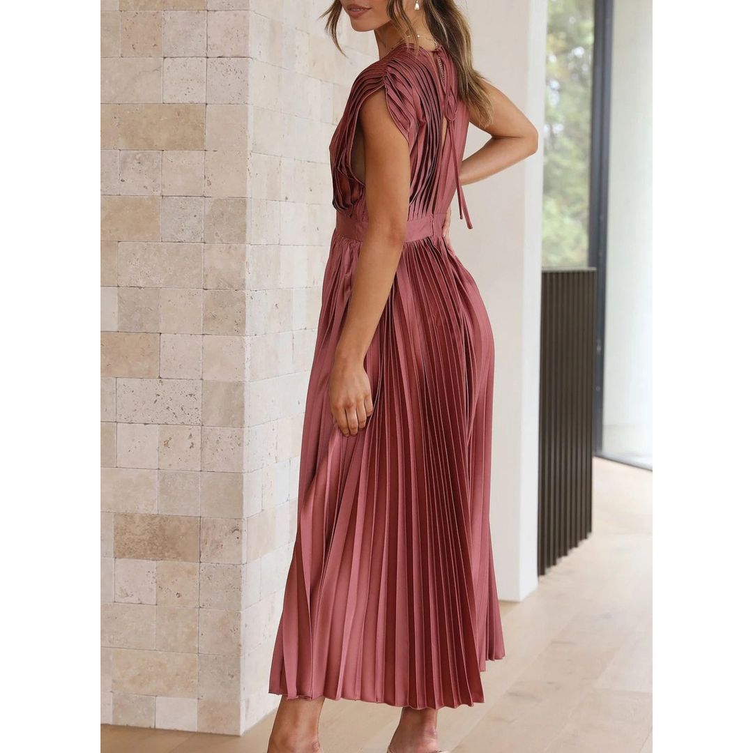 Sophia | Flowing V Neck Pleated Midi Dress