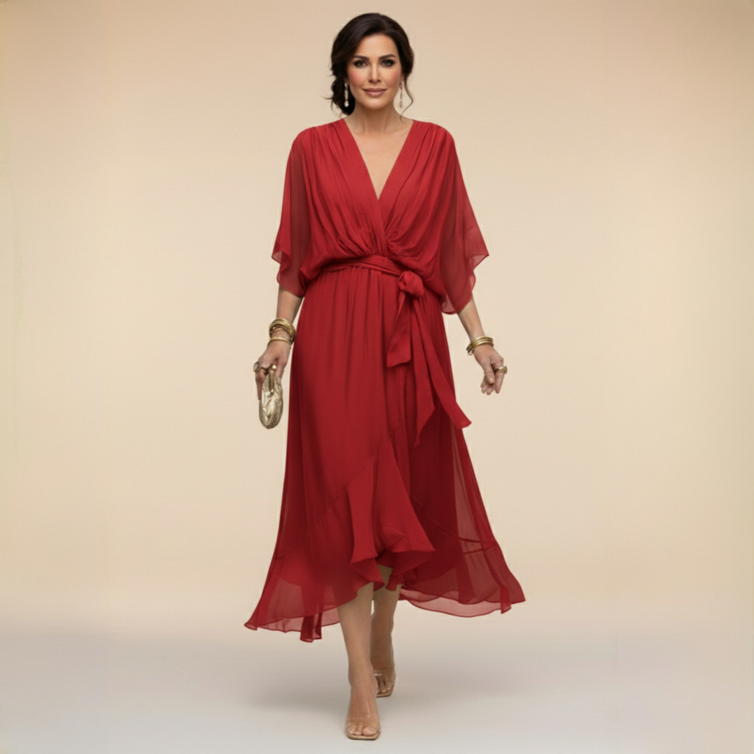 Women's Wrap Midi Dress with Kimono Sleeves