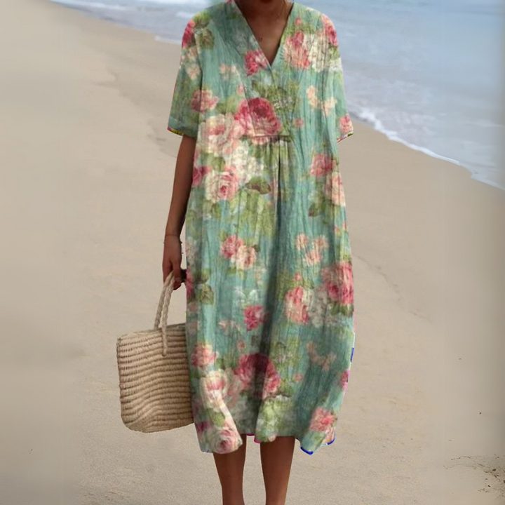 Women's Floral V-Neck Short Sleeve Maxi Dress