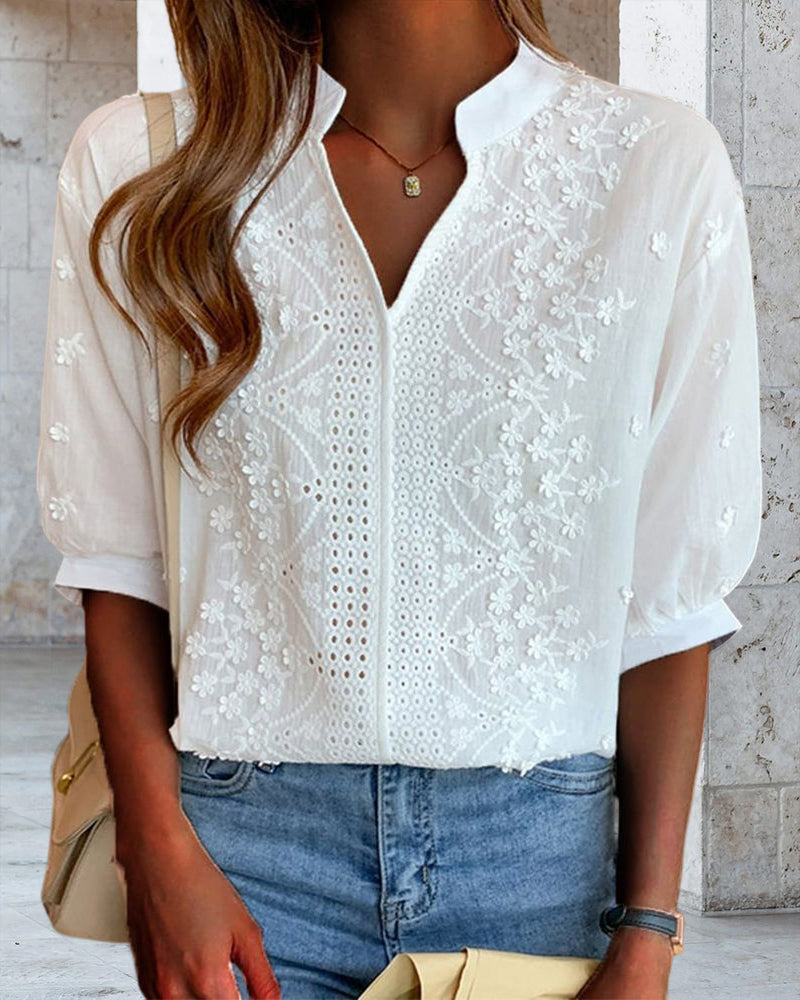Women's Floral Embroidered Puff Sleeve Blouse