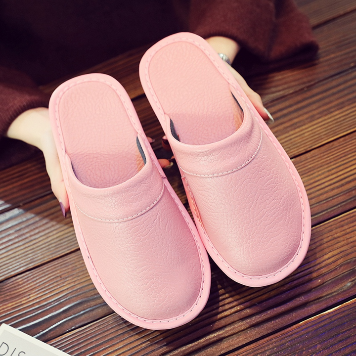 Men's Leather Slippers with Stitched Trim
