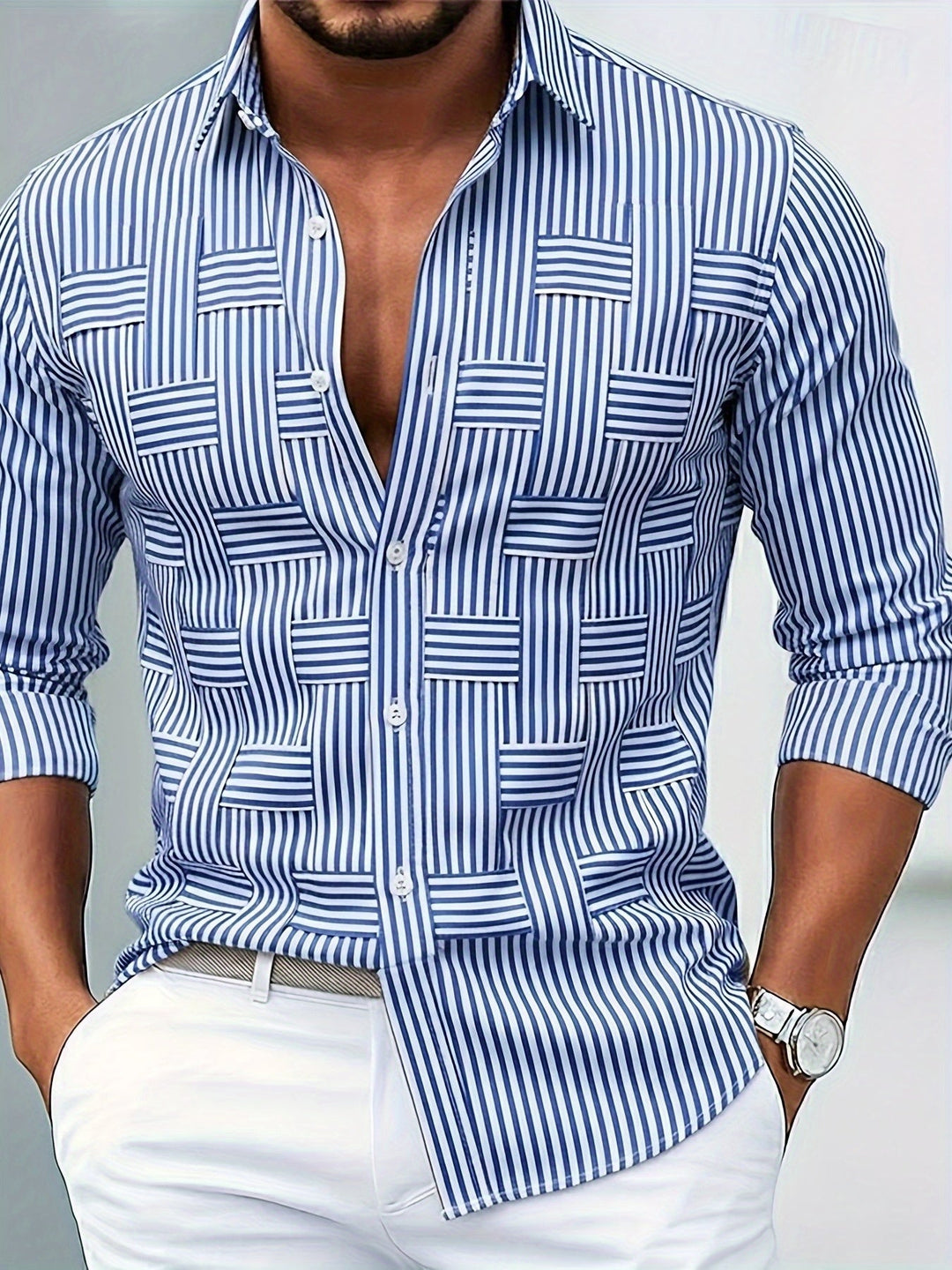 Men's Striped Button-Up Shirt in Geometric Print