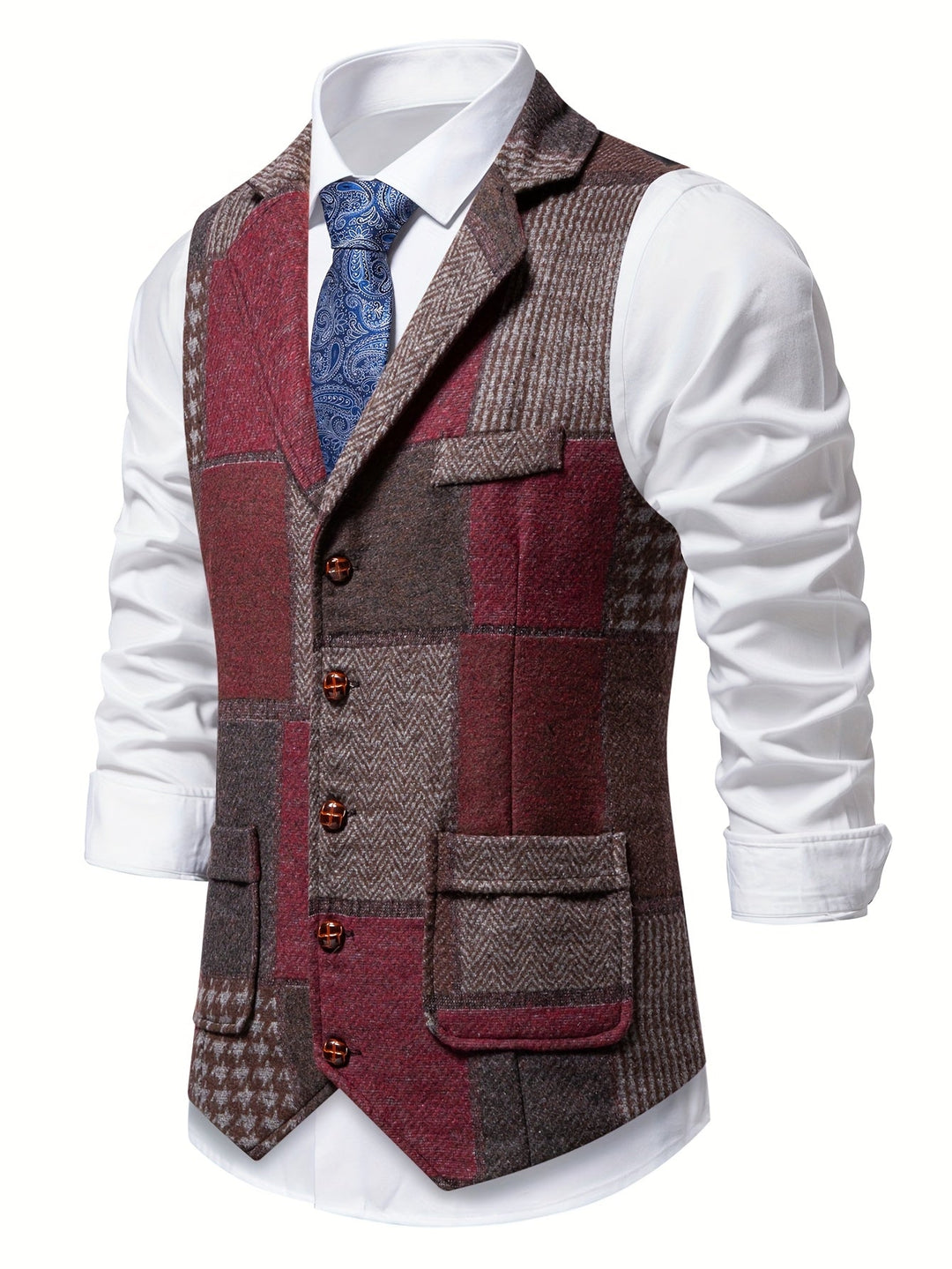 Men's Tweed Patchwork Waistcoat with Herringbone Detail