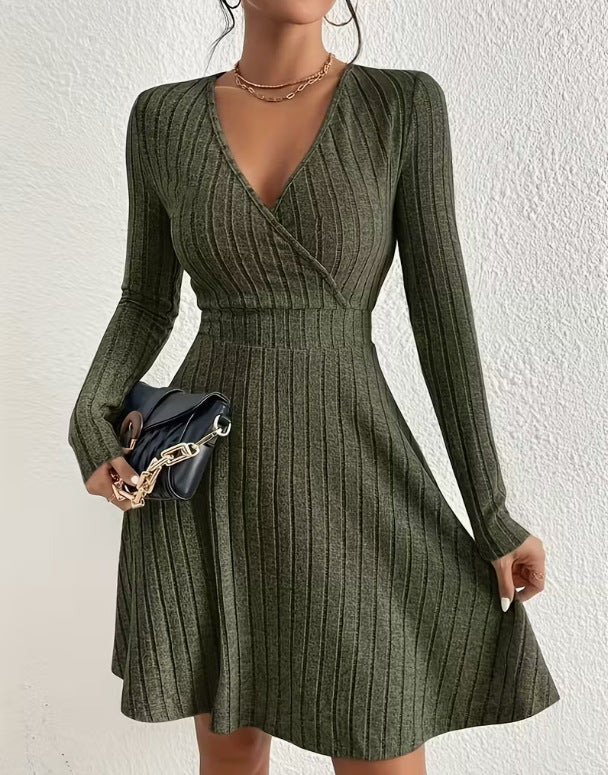 Women's Ribbed Knit Wrap Dress with V-Neck