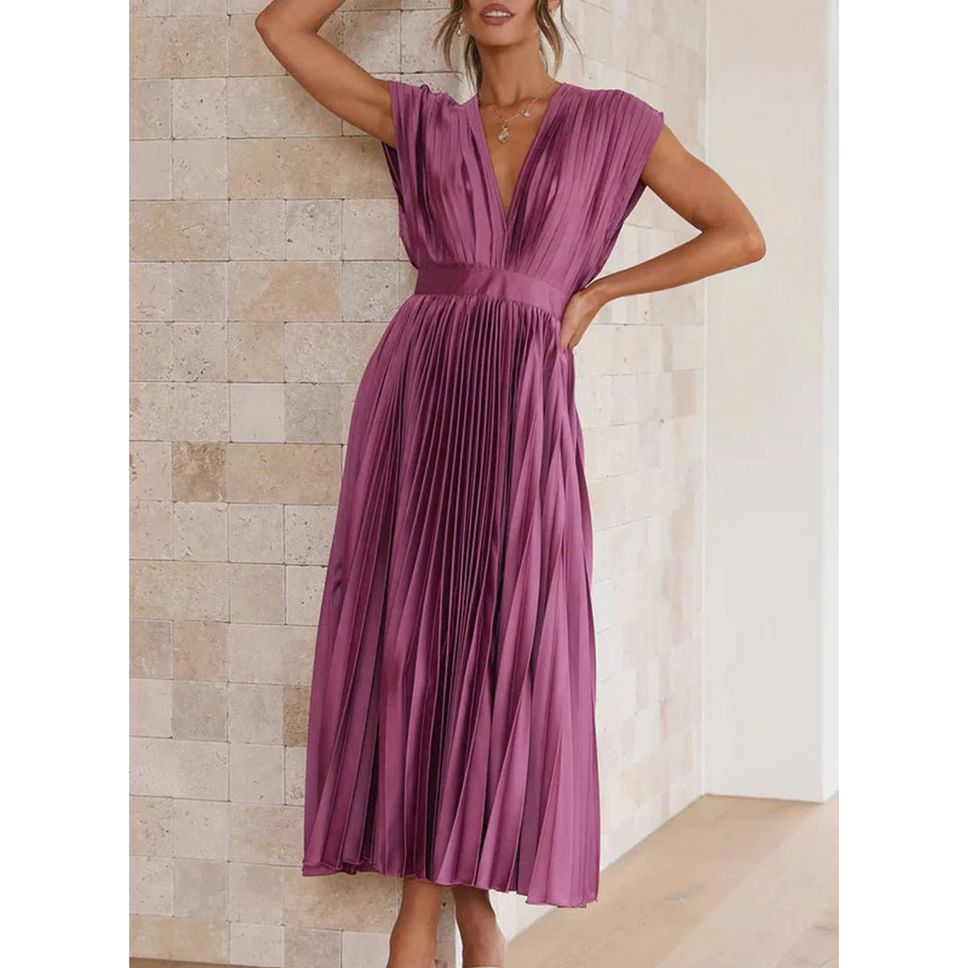 Sophia | Flowing V Neck Pleated Midi Dress
