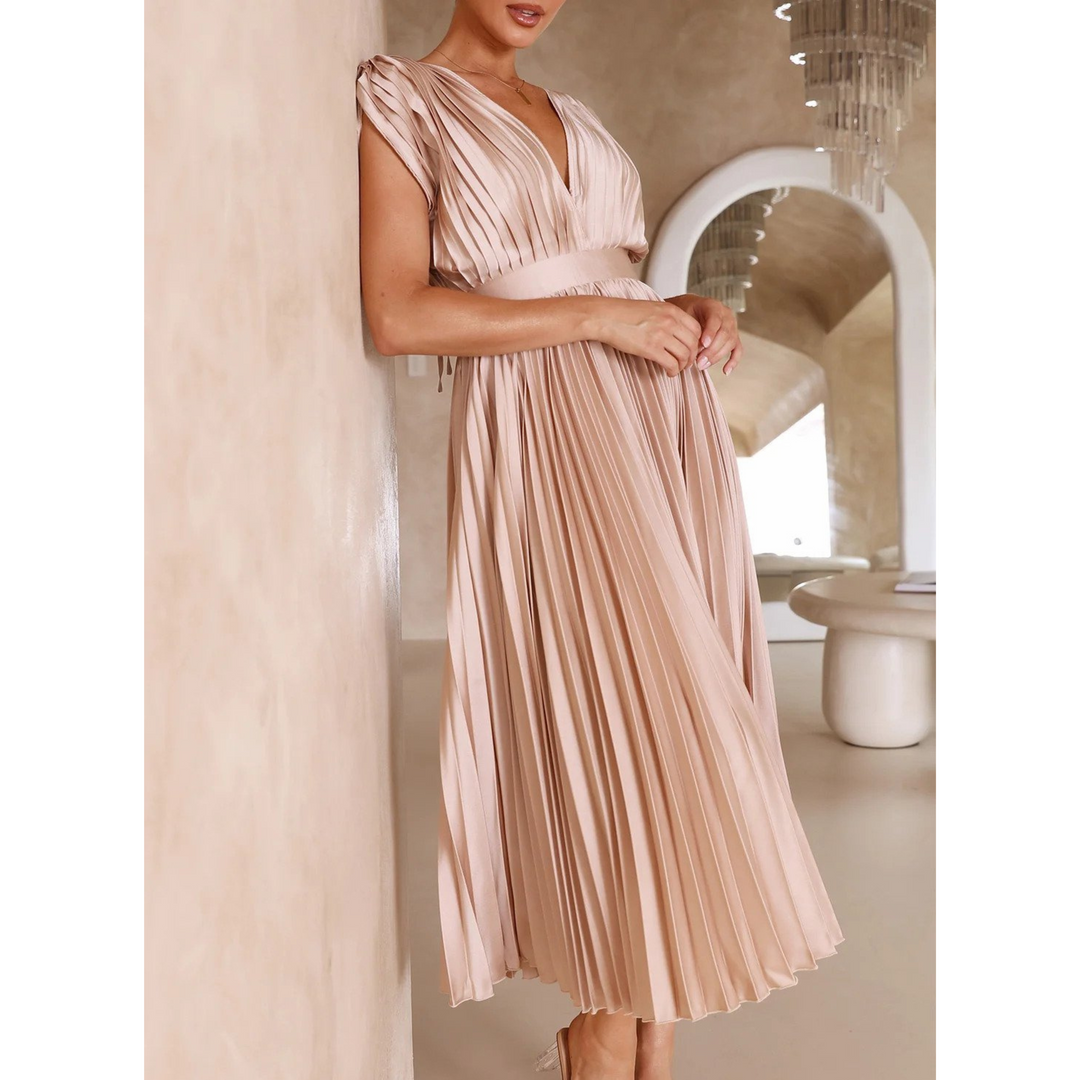 Sophia | Flowing V Neck Pleated Midi Dress