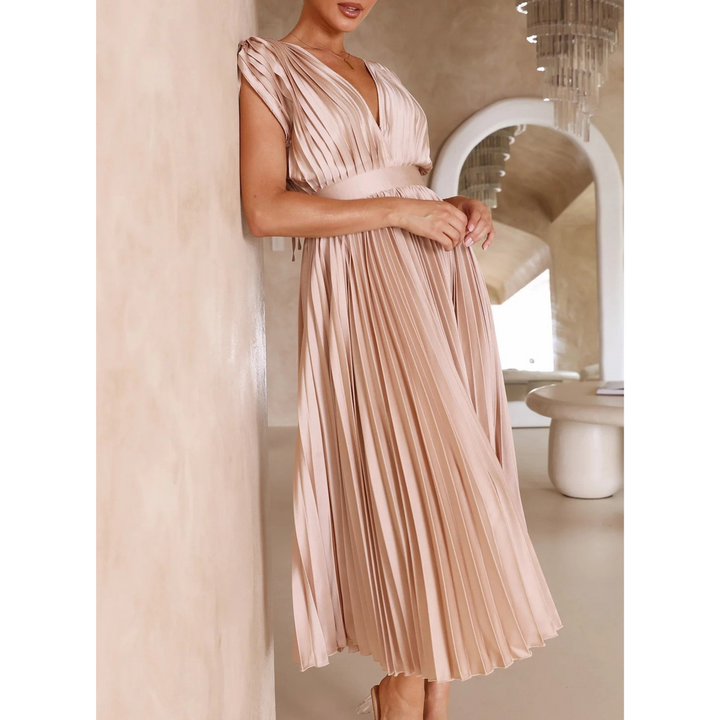 Sophia | Flowing V Neck Pleated Midi Dress