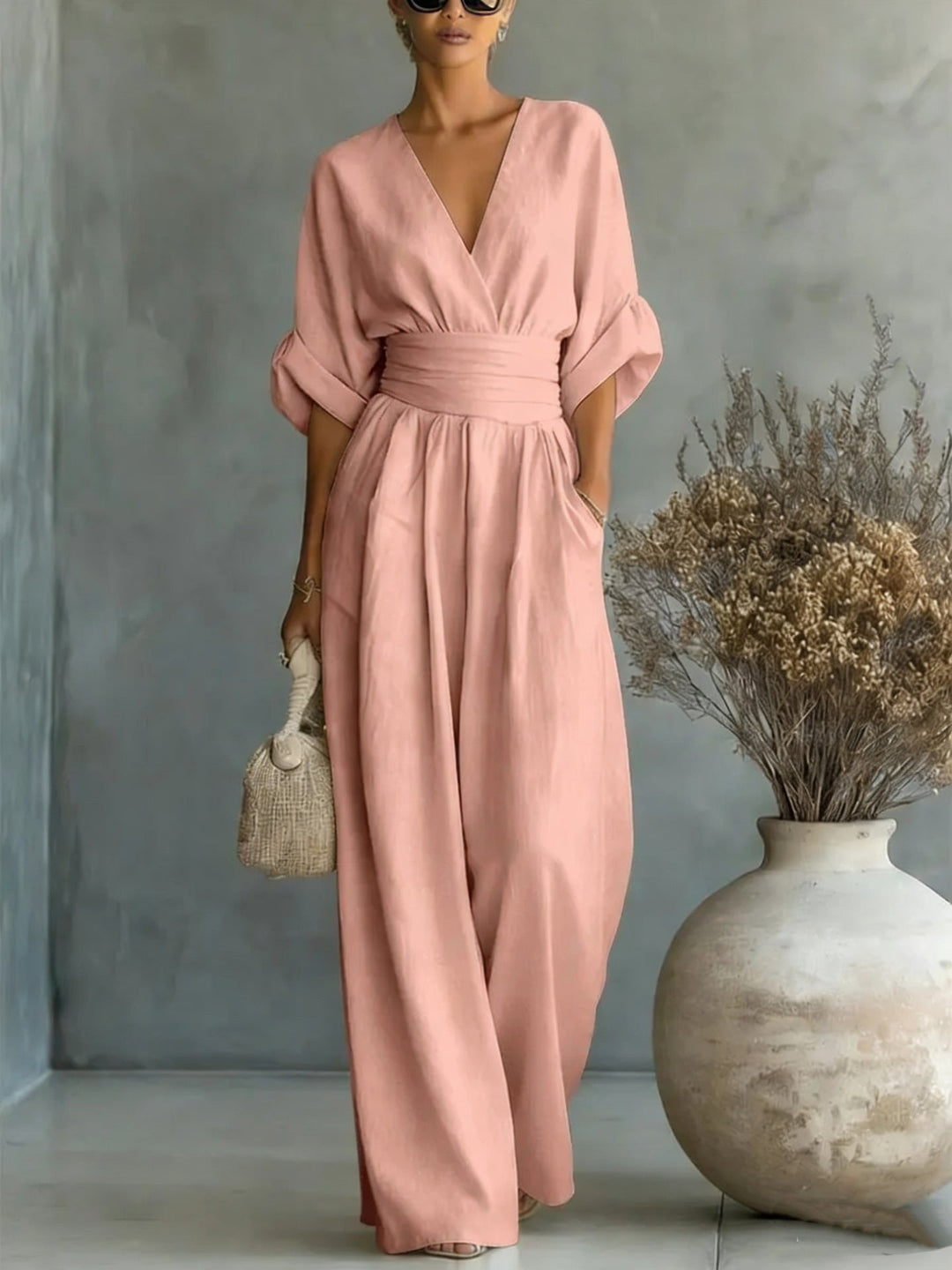 Women's Linen Wrap V-Neck Wide-Leg Jumpsuit