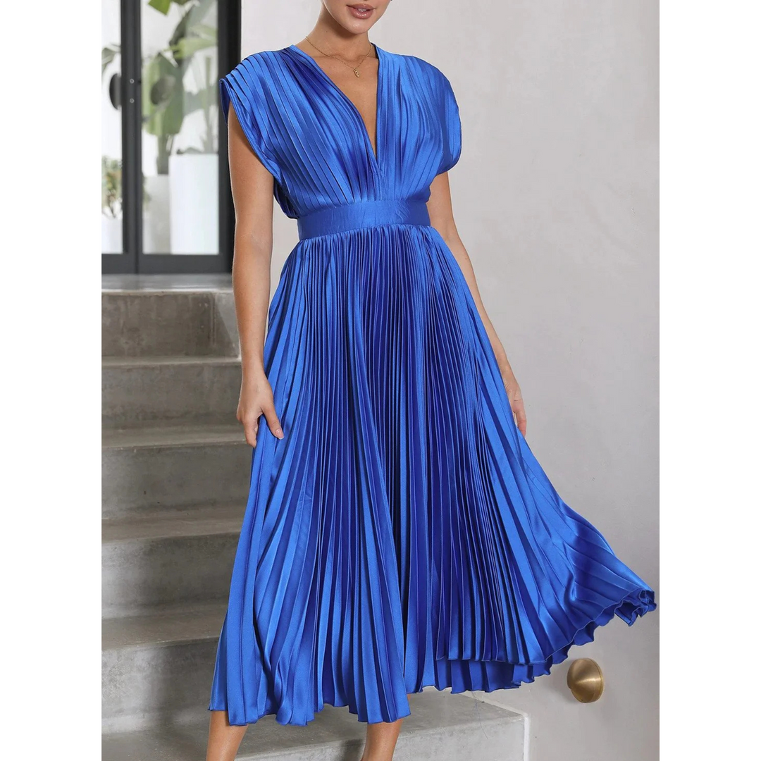 Sophia | Flowing V Neck Pleated Midi Dress