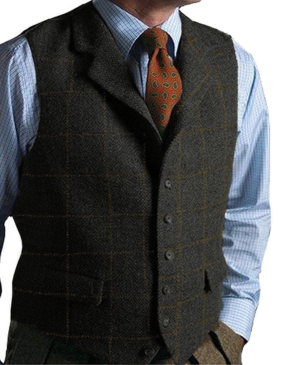 Men's Wool Blend Tweed Waistcoat with Herringbone Pattern