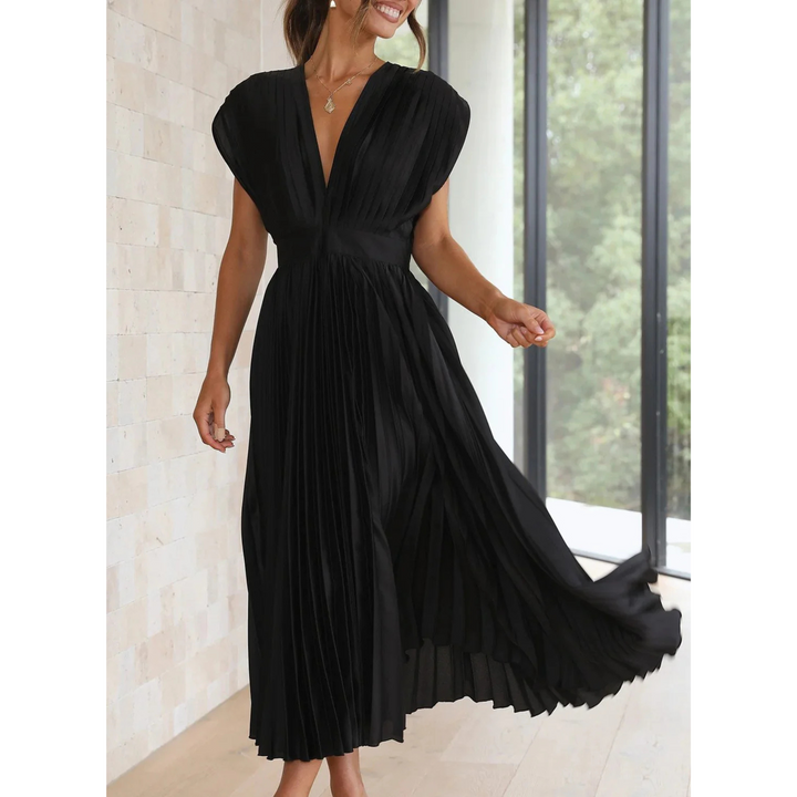 Sophia | Flowing V Neck Pleated Midi Dress
