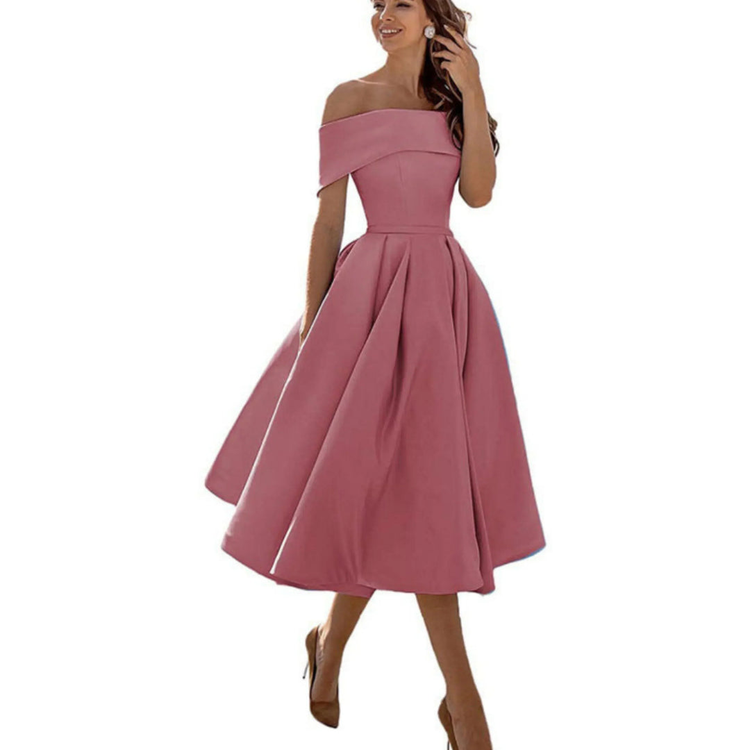 Valentina | Elegant Off Shoulder Evening Midi Dress
