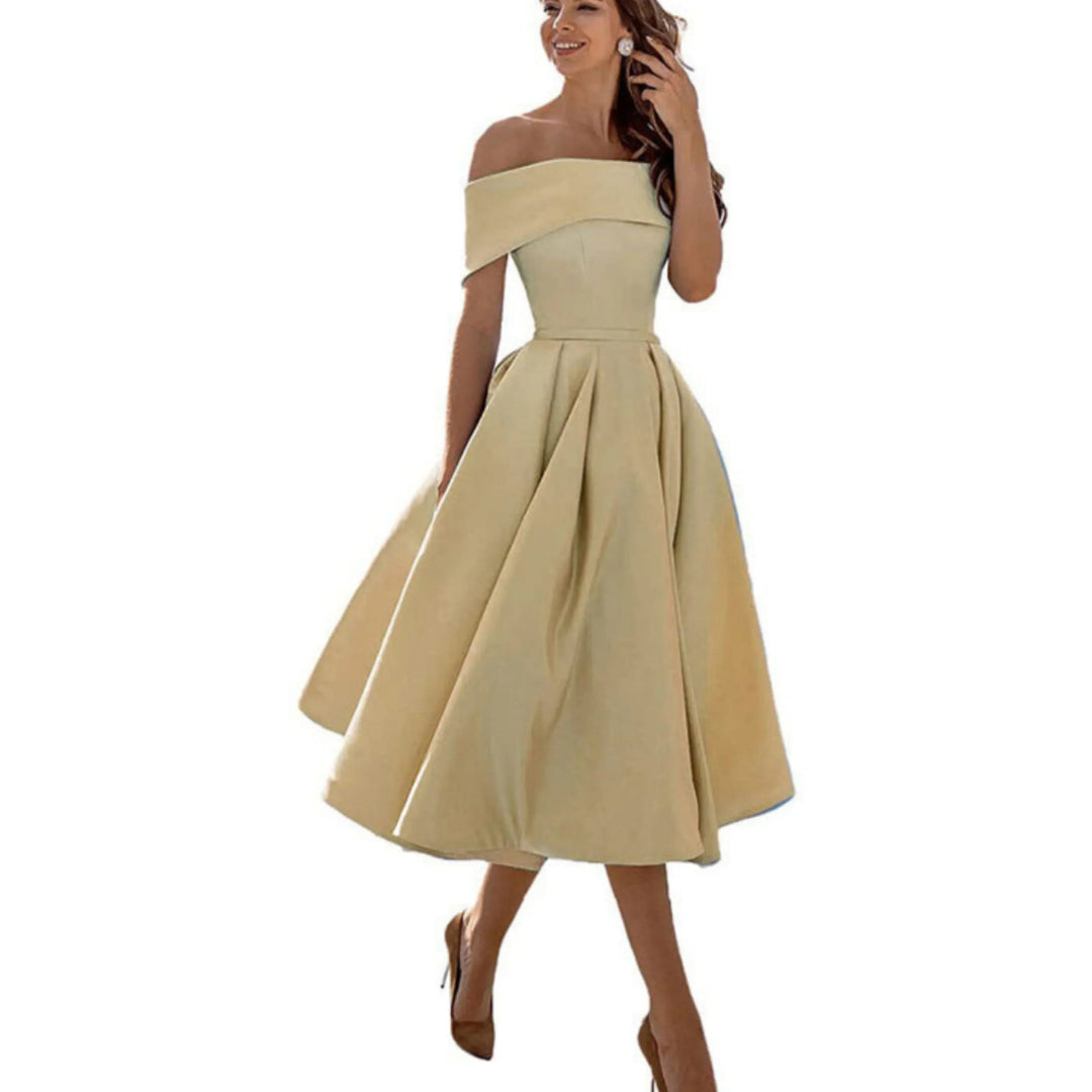 Valentina | Elegant Off Shoulder Evening Midi Dress