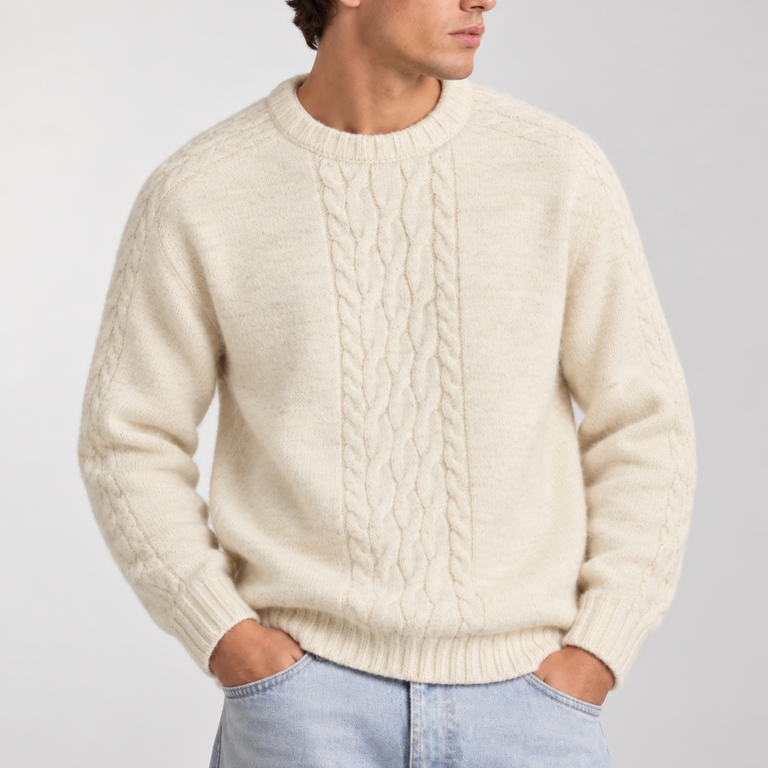 Men's Cable Knit Panel Jumper with Ribbed Crew Neck